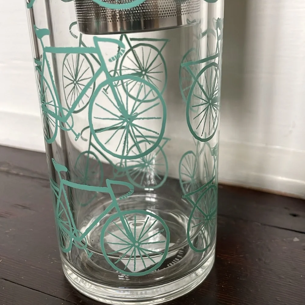 Kitchen Kaboodle Glass Tea Infuser Bamboo Lid Bottle With Printed Teal Bicycles